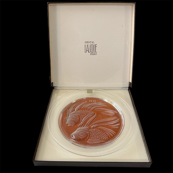 Vintage 1975 Lalique France Crystal Annual Plate "Fish Duet" ~ Signed And In Box